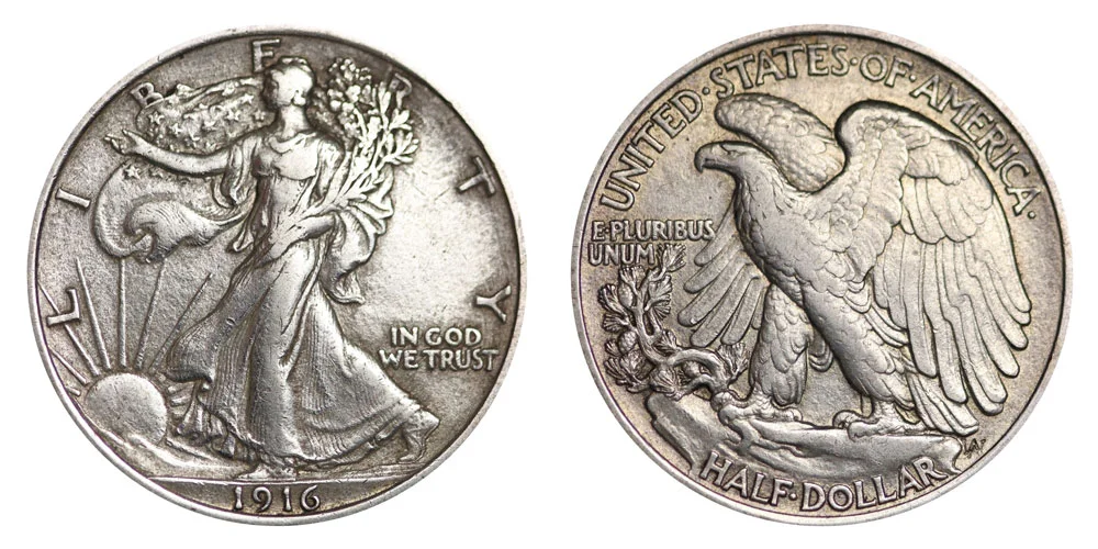 1916 Walking Liberty Half Dollar obverse and reverse composite showing Lady Liberty and the heraldic eagle design
