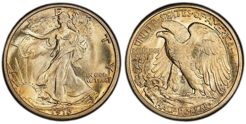 Comparison of 1916-D and 1916-S Walking Liberty Half Dollar obverses showing mint mark location differences under IN GOD WE TRUST