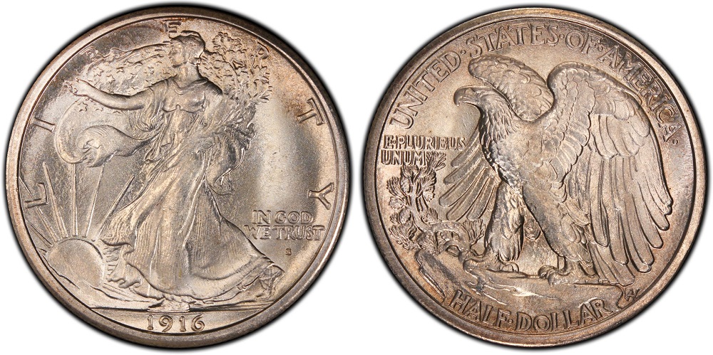 1916-S Walking Liberty Half Dollar obverse close-up showing the S mint mark below IN GOD WE TRUST