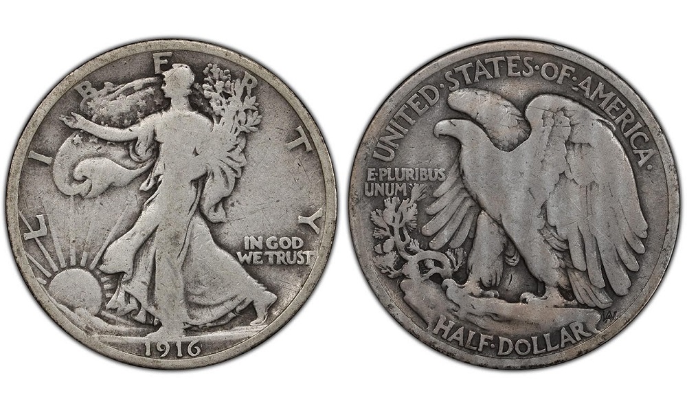 1916 Philadelphia Walking Liberty Half Dollar obverse close-up showing no mint mark below IN GOD WE TRUST