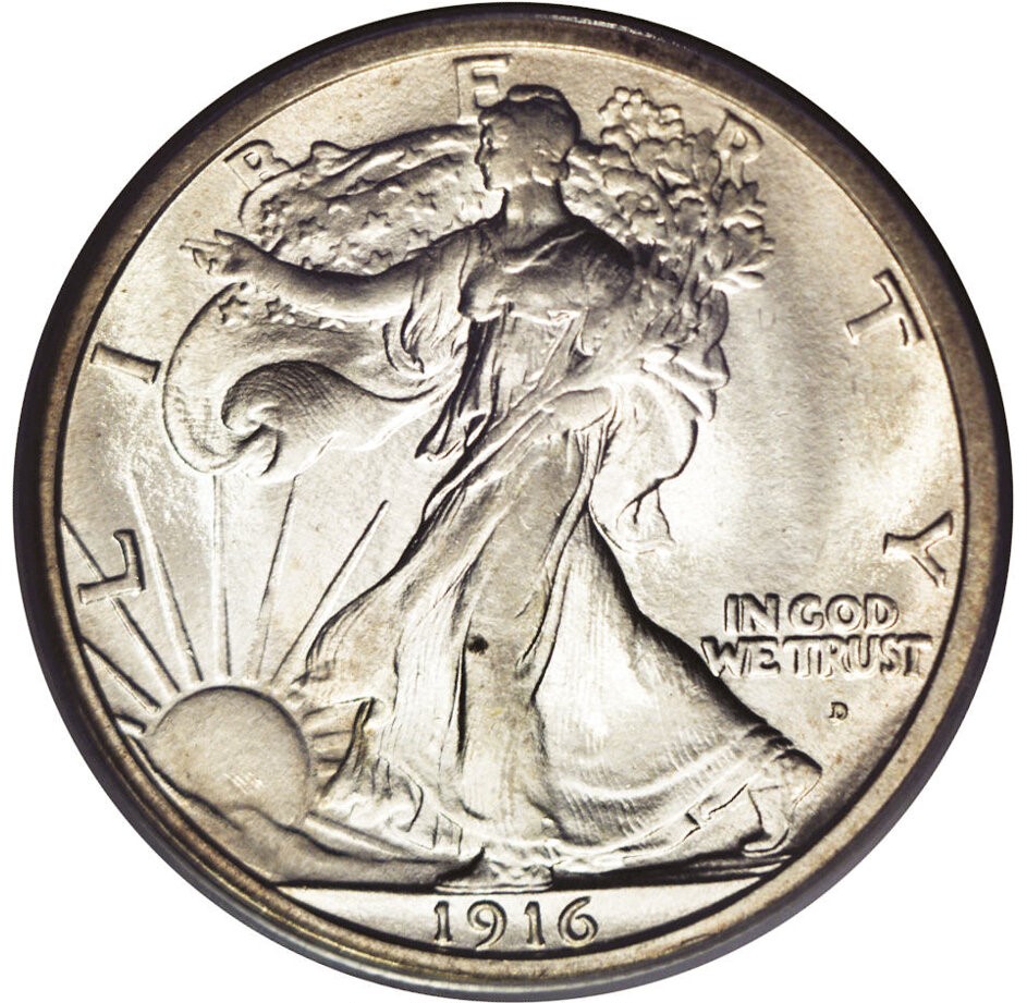 1916-D D over D doubled mintmark variety showing overlapping D impressions on the obverse of the Walking Liberty Half Dollar