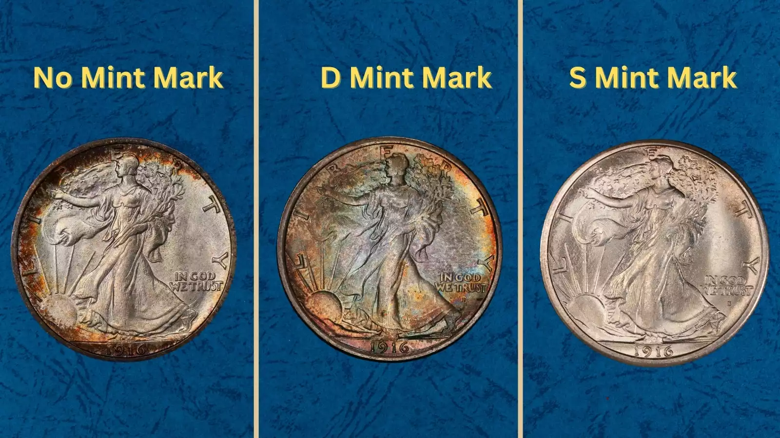 Group of 1916 Walking Liberty Half Dollars from all three mints - Philadelphia, Denver, and San Francisco - displayed together showing mint marks