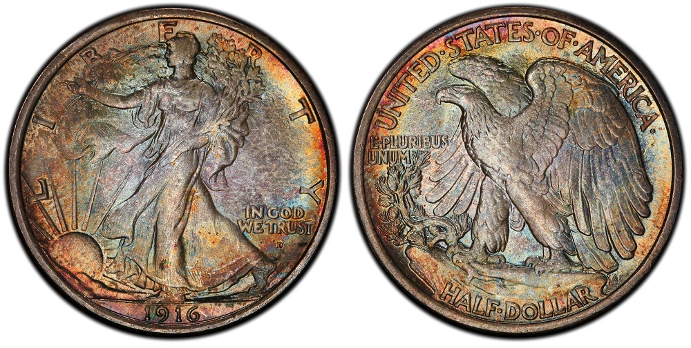 1916 Walking Liberty Half Dollar grading strip showing four condition tiers from worn Good through uncirculated side by side